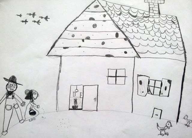 Dziecięcy rysunek dziad i baba dom kurki