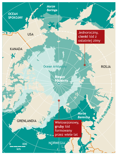 Zasięg grubego i cienkiego lodu w Arktyce